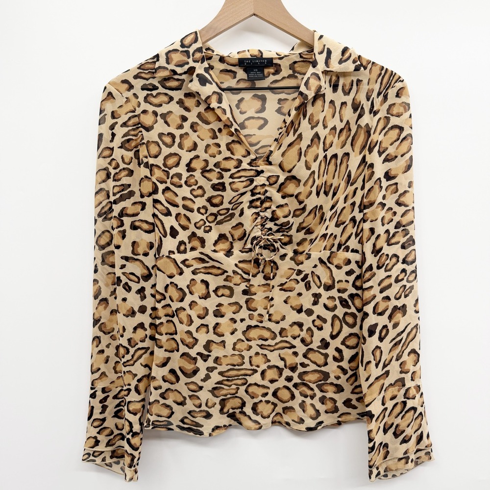 Vintage Y2K The Limited Silk Leopard Print Babydoll Long Sleeve Top‎ Size XS